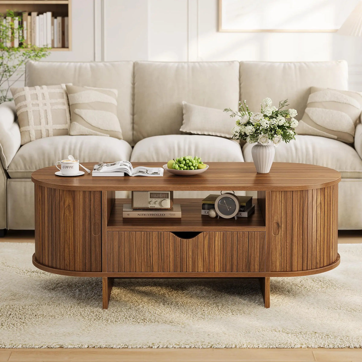 HiMISS Modern Fluted Oval Coffee Table With Storage Drawer And Cabinet