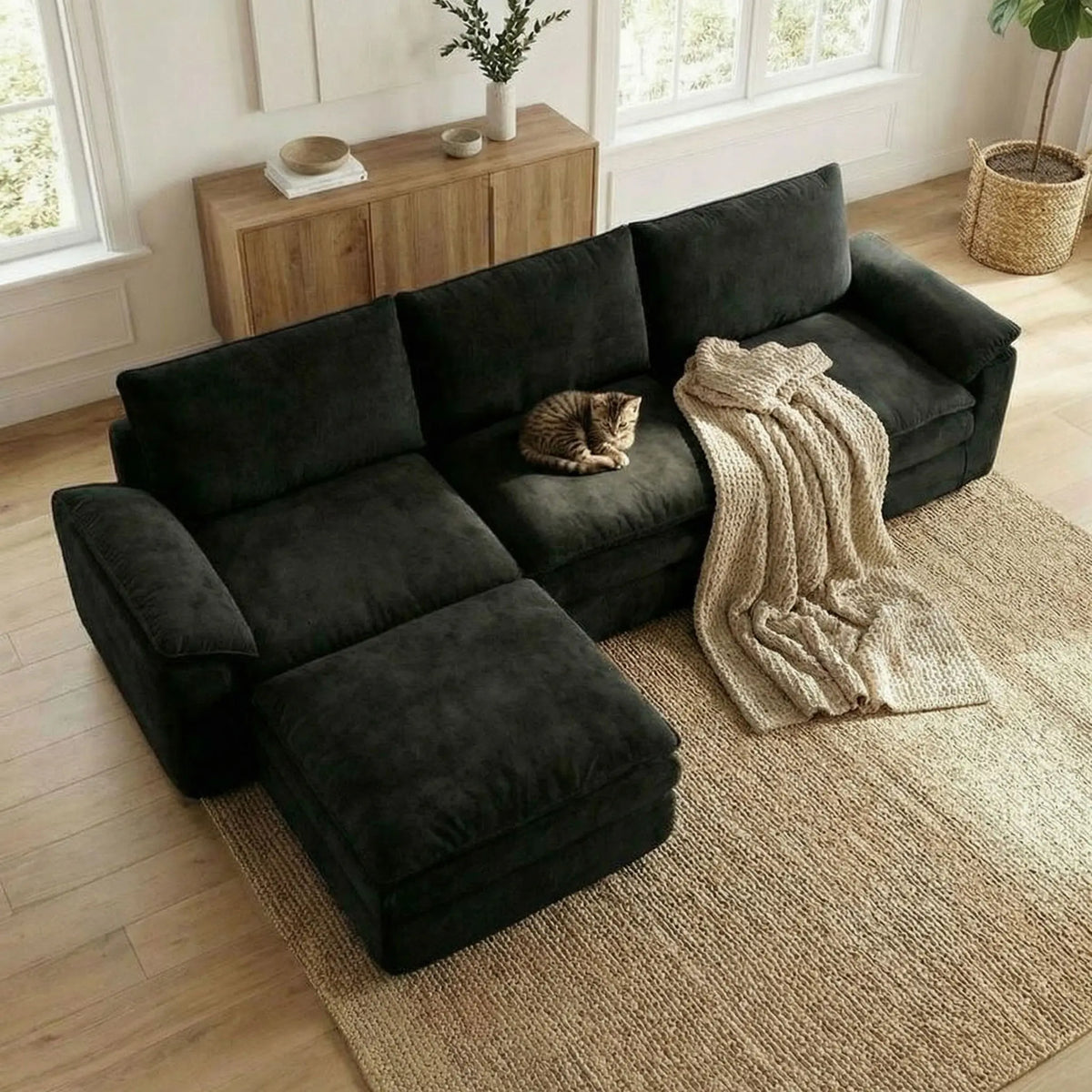 Modern L Shaped Chenille Sectional Couch With Chaise Lounge