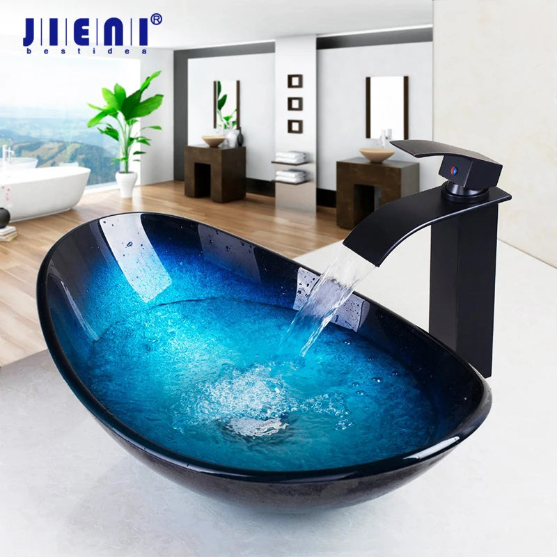 JIENI Tempered Glass Waterfall Basin and Brass Faucet Set