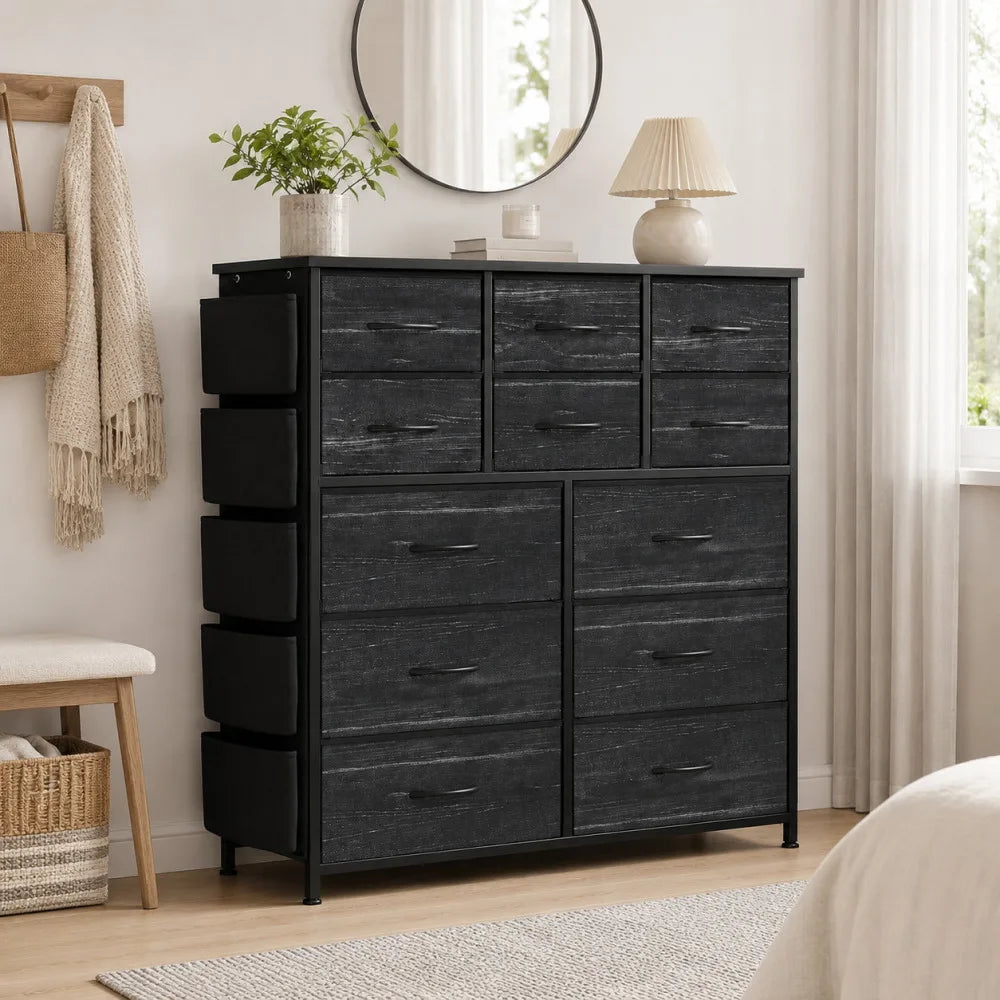 12 Drawer Fabric Dresser Wooden Top Steel Frame Storage Organizer