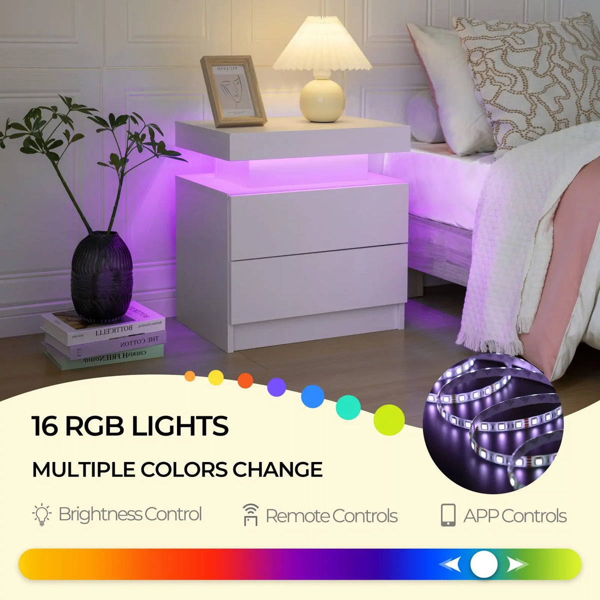 Cubehom Wooden Led Nightstand With Two Drawers And Rgb Lights