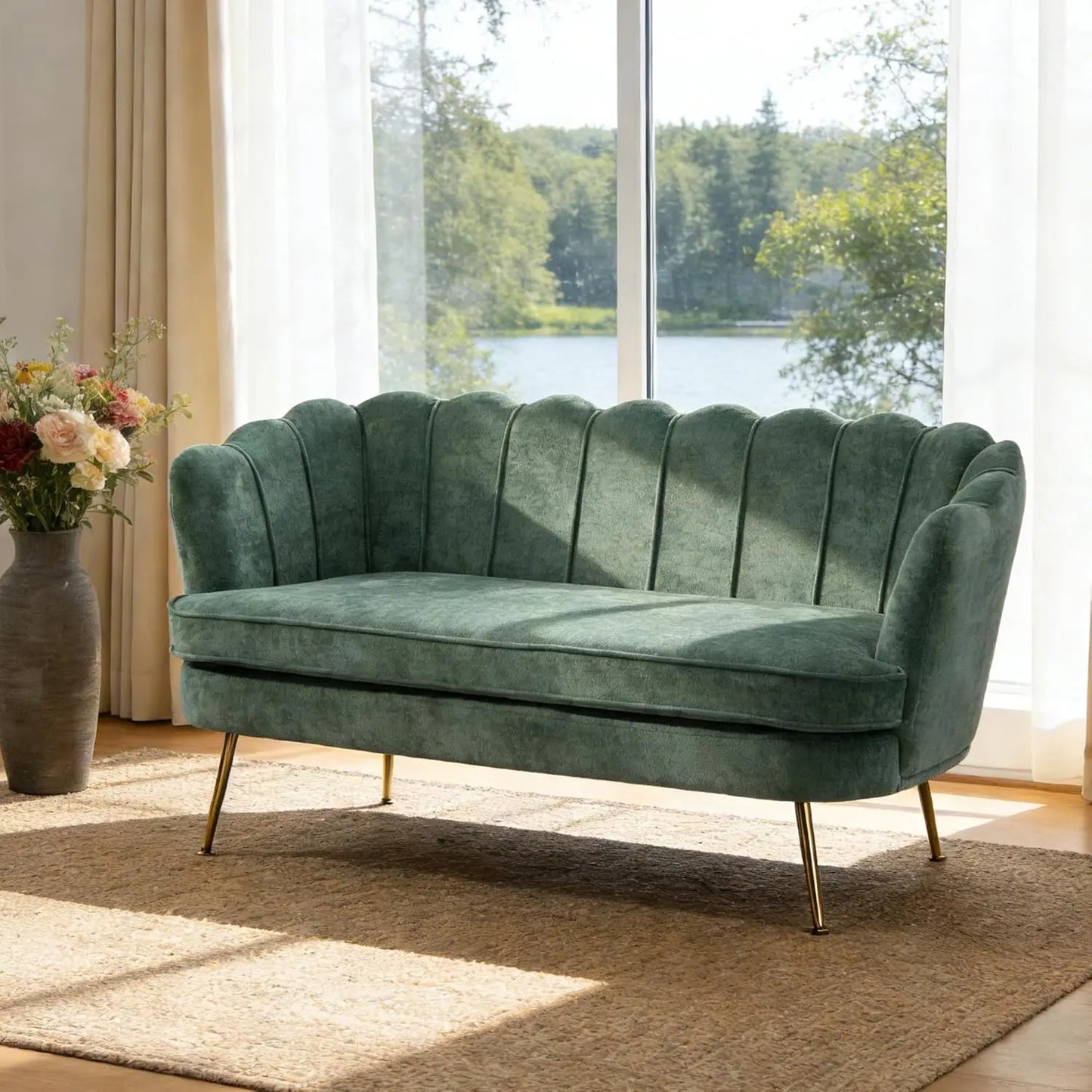 Sherpa Boucle Two Seater Sofa With Gold Metal Legs