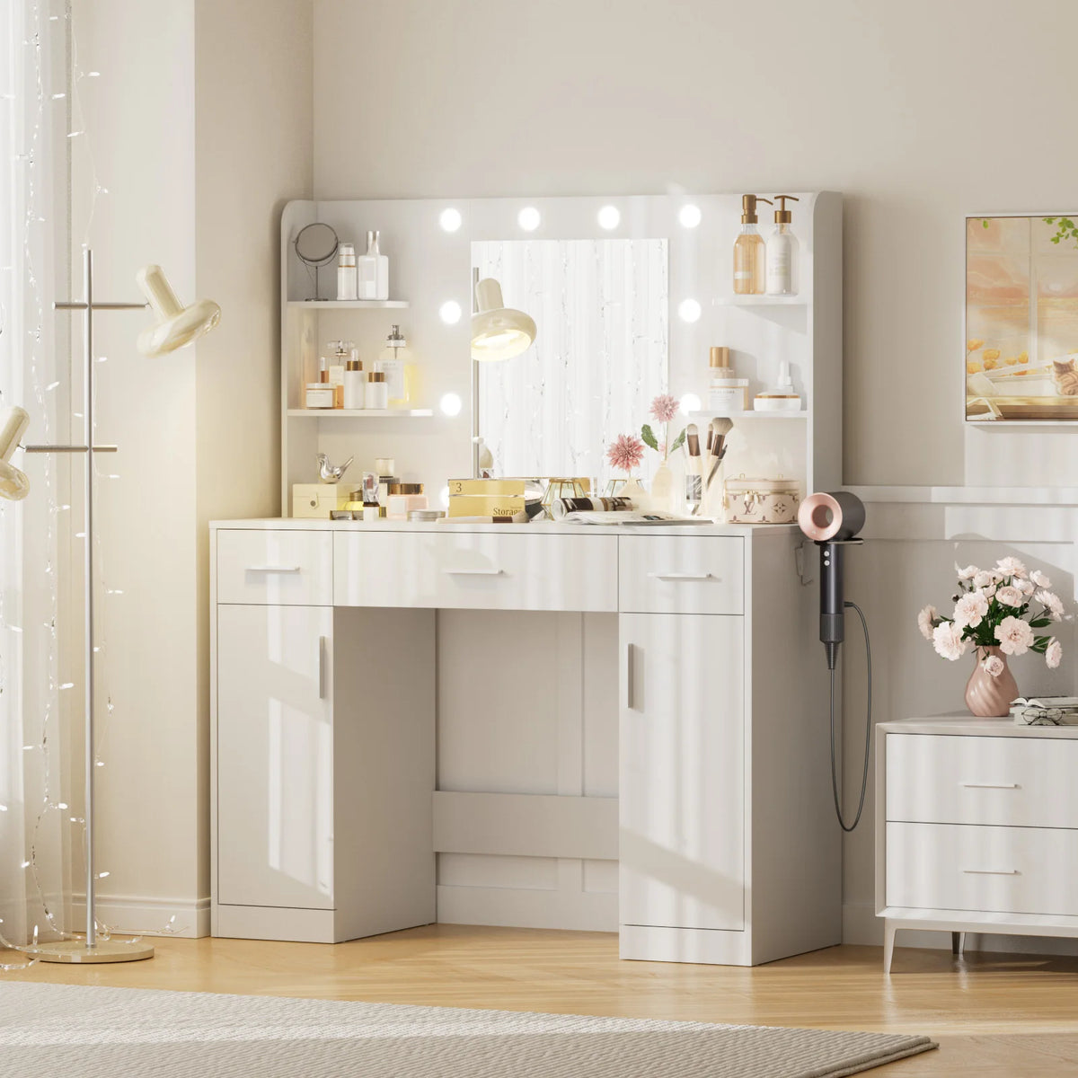 JHK Modern Vanity Desk With Led Light Mirror And Drawers