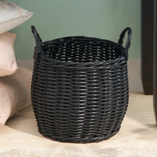 Round Resin Woven Wicker Storage Basket With Durable Handles