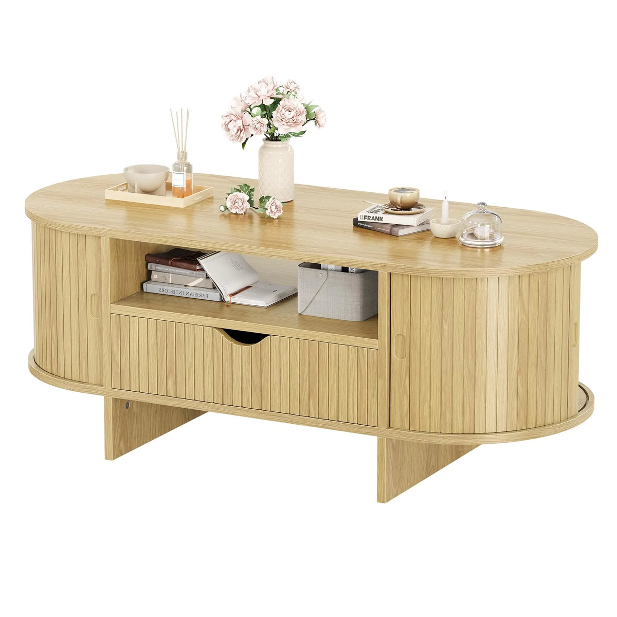 HiMISS Modern Fluted Oval Coffee Table With Storage Drawer And Cabinet