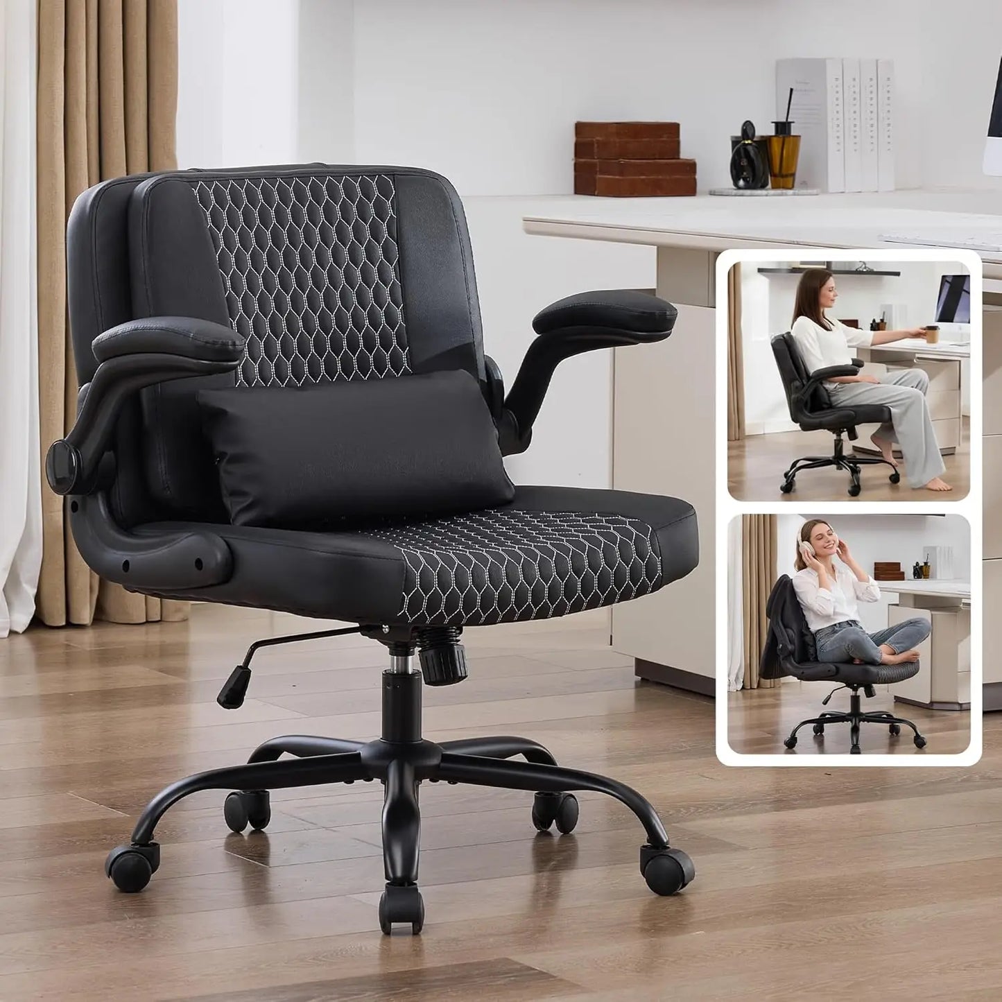TCGBKAF Ergonomic Office Chair With Flip Backrest And PU Leather Arms