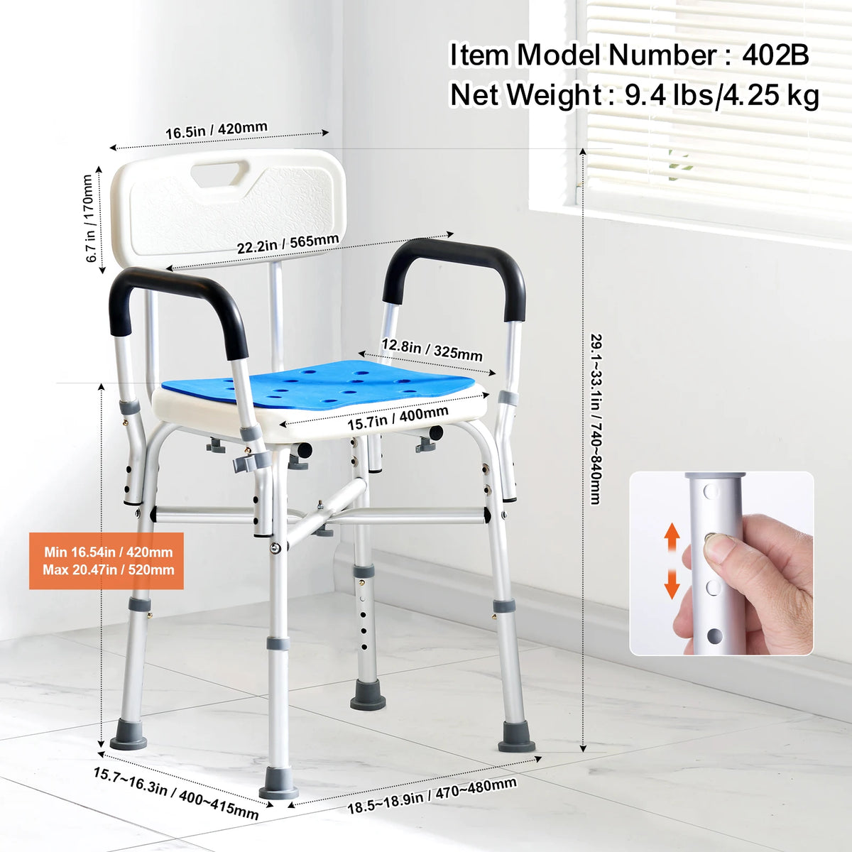 Adjustable Height Shower Chair Bench Seat Bathtub Support 400 Lbs