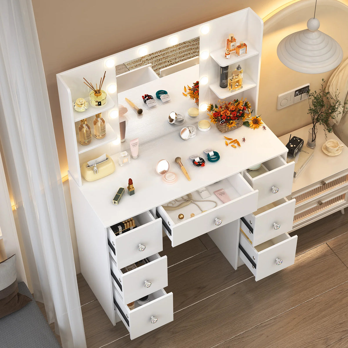 OnesaiMei Wooden Vanity Table With LED Mirror And Seven Drawers