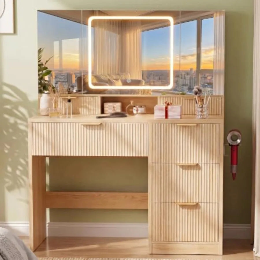 Vanity Desk With 3-Way Mirror And Lights 6 Drawers