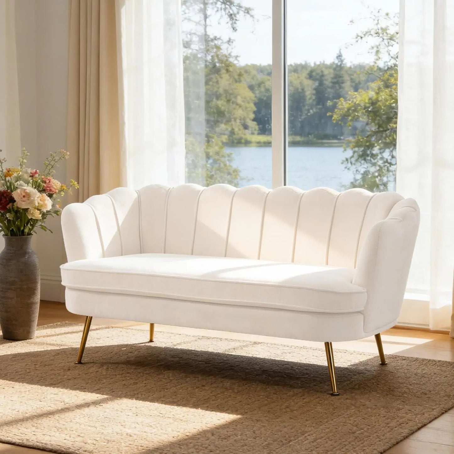 Sherpa Boucle Two Seater Sofa With Gold Metal Legs