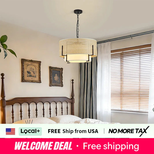 ZHIKEA Farmhouse Boho 4Light Rattan Pendant Chandelier With Fabric Shade