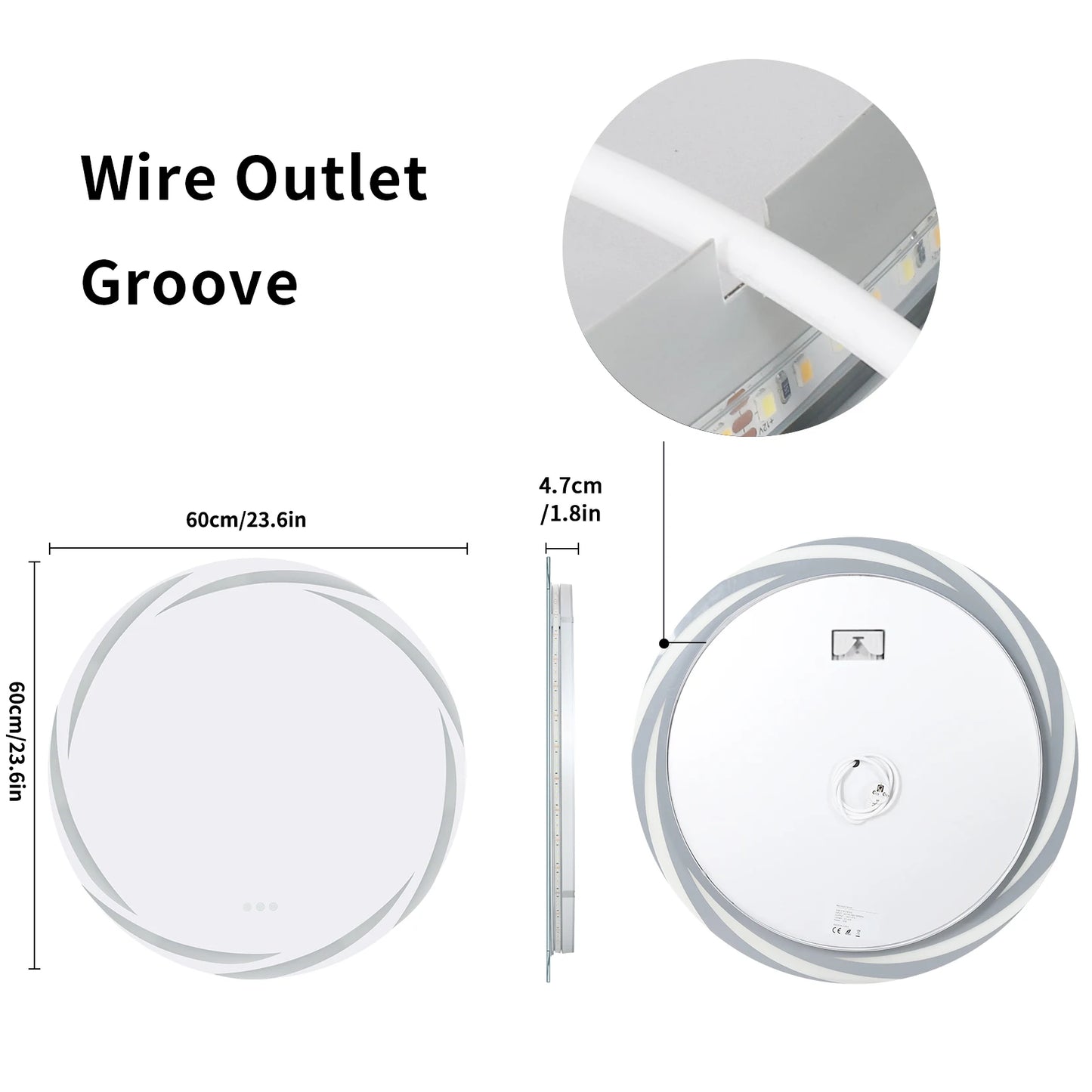 LED Round Bathroom Mirror Backlit Anti-Fog Dimmable Three-Color Lights