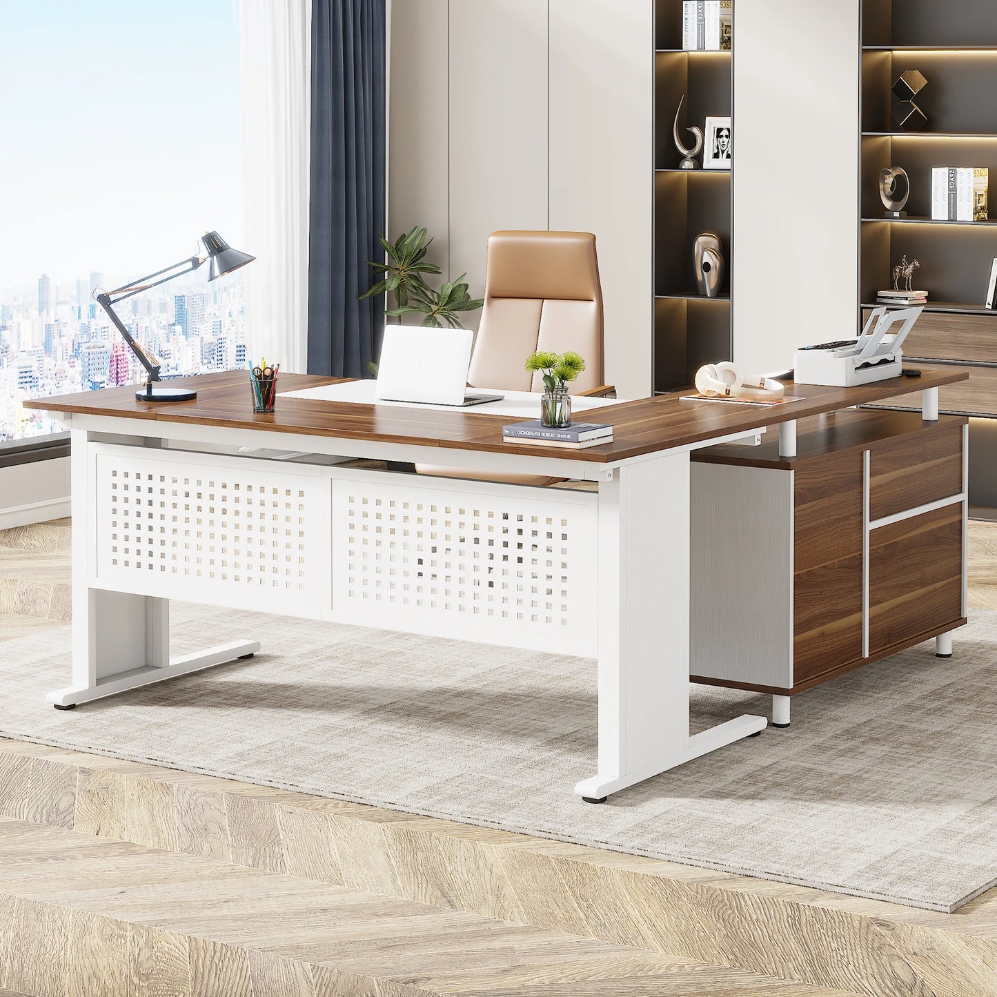 Tribesigns L Shaped Executive Desk With File Cabinet