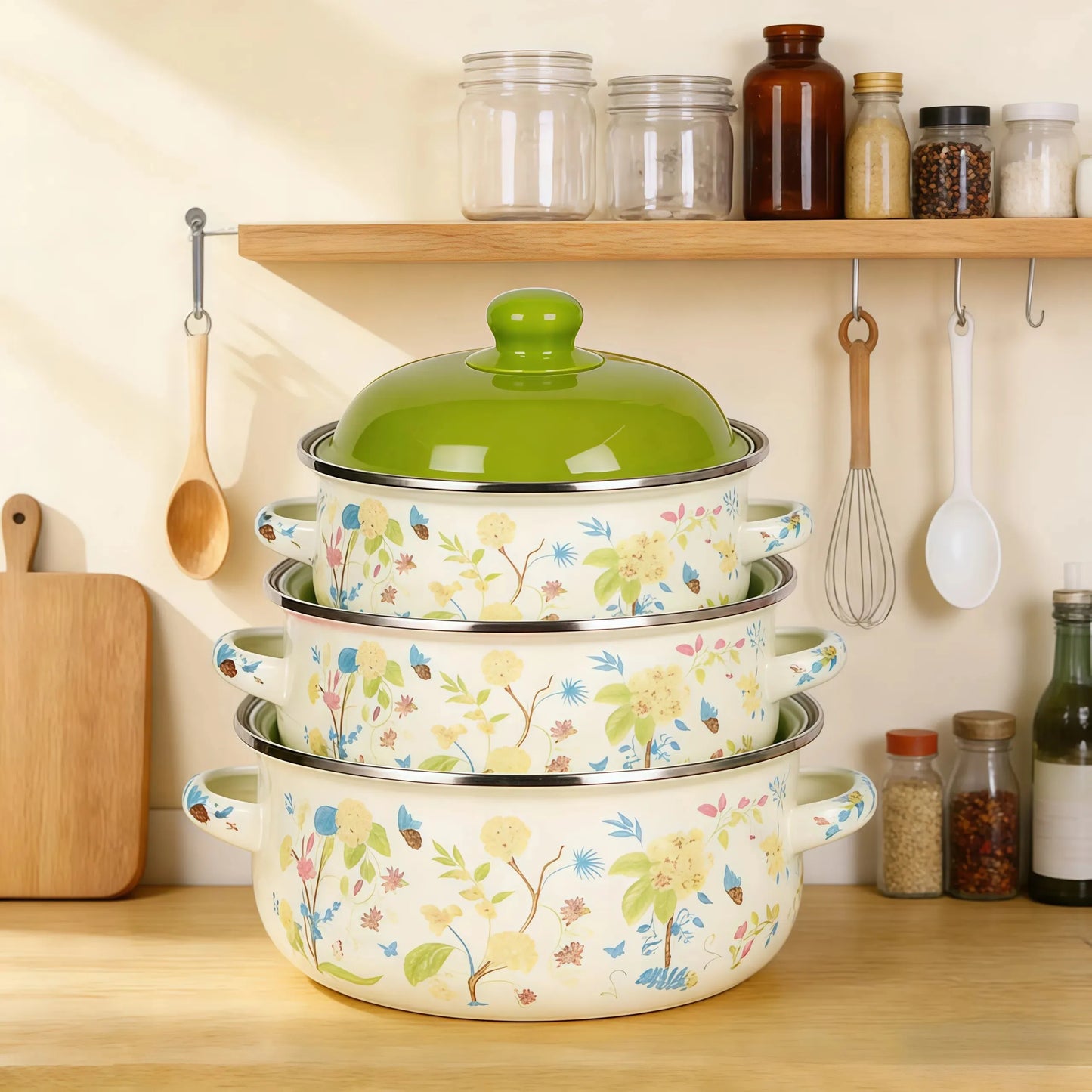 3-Piece Vintage Enamel Stock Pot Set With Lids For Induction And Gas Stoves