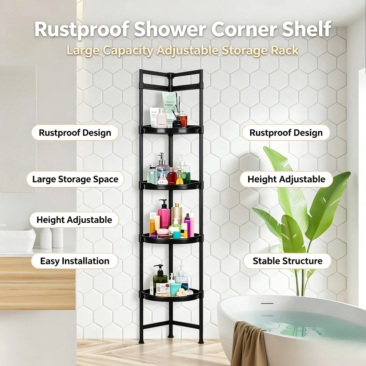 Four Tier Corner Shower Caddy Tension Pole Bathroom Storage Rack