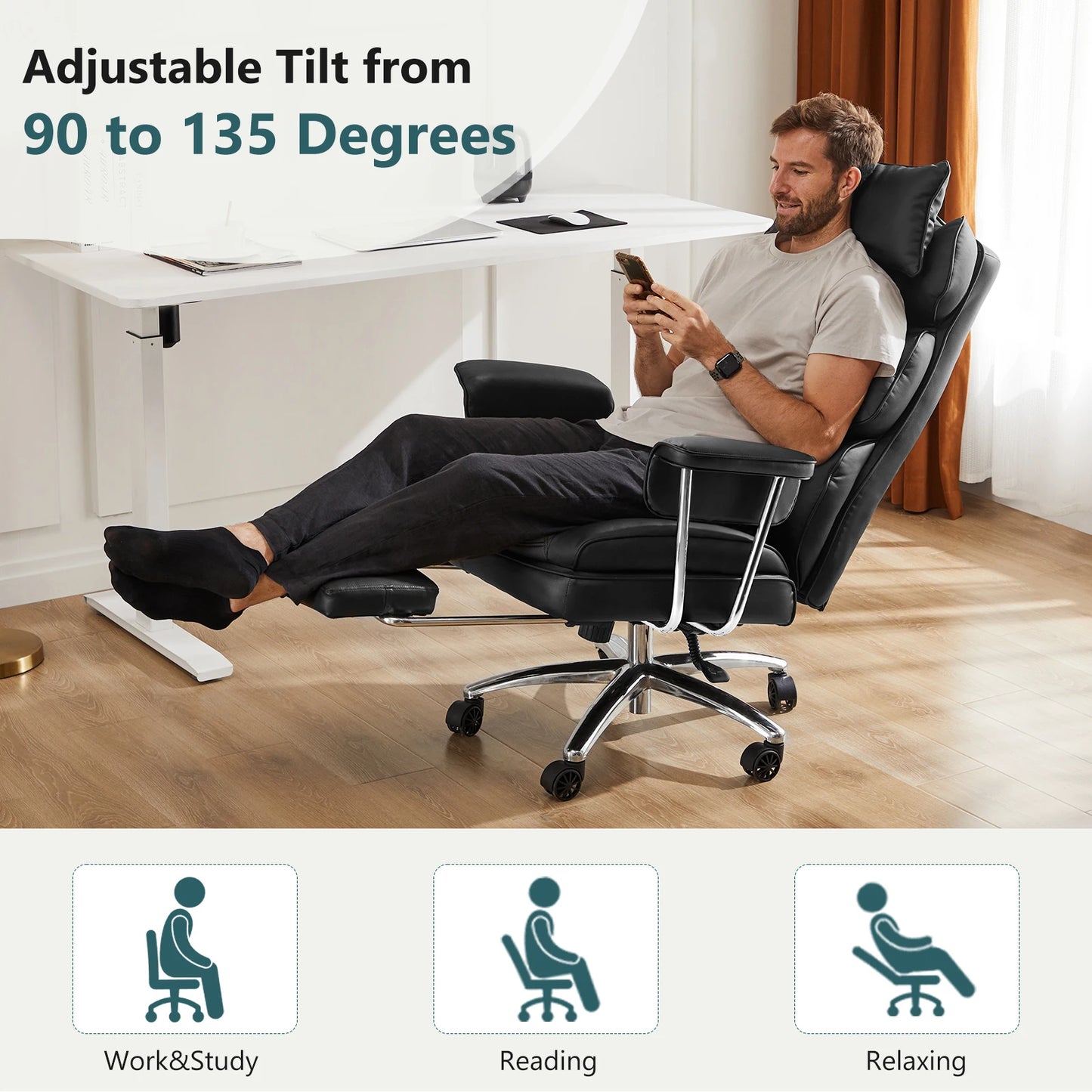 JHK PU Leather Ergonomic Office Chair With Footrest Lumbar Support