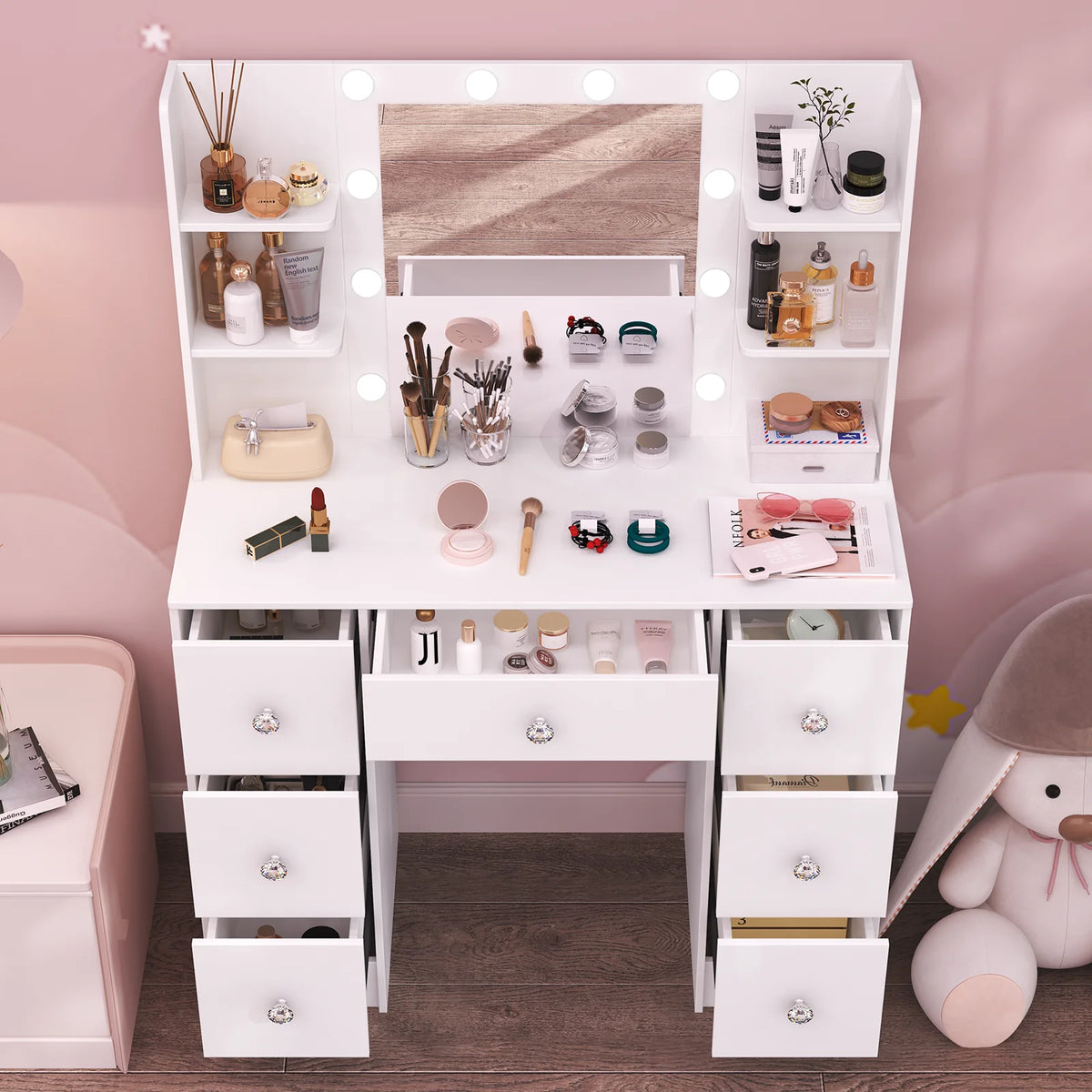 Onesaimei Adjustable Led Mirror Seven Drawer Vanity Desk Set
