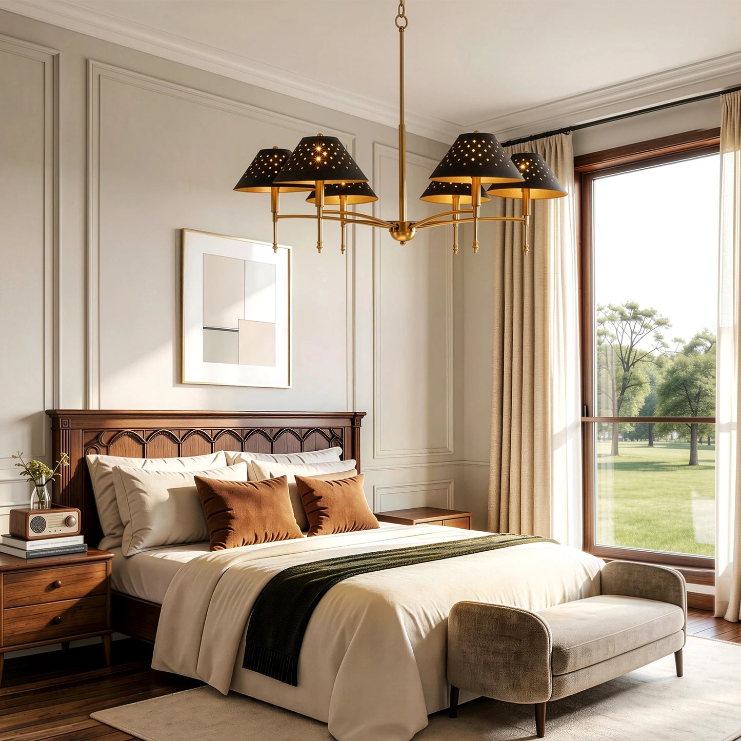 6-Light Chandelier With Matte Lampshade Over Table