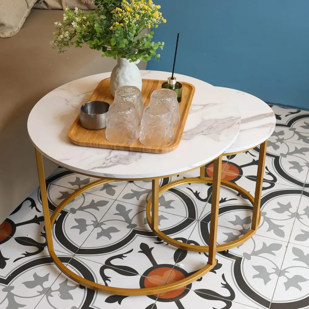 Xiuwo Nesting Coffee Tables Set White Marble Pattern Golden Frame