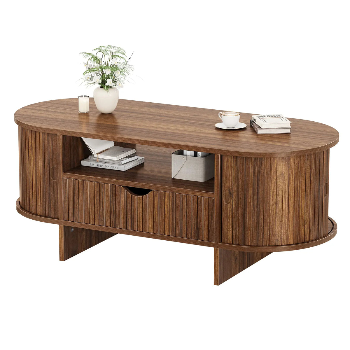 HiMISS Modern Fluted Oval Coffee Table With Storage Drawer And Cabinet