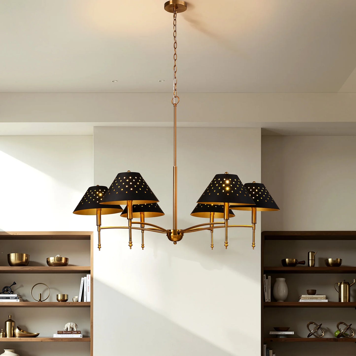 6-Light Chandelier With Matte Lampshade Over Table