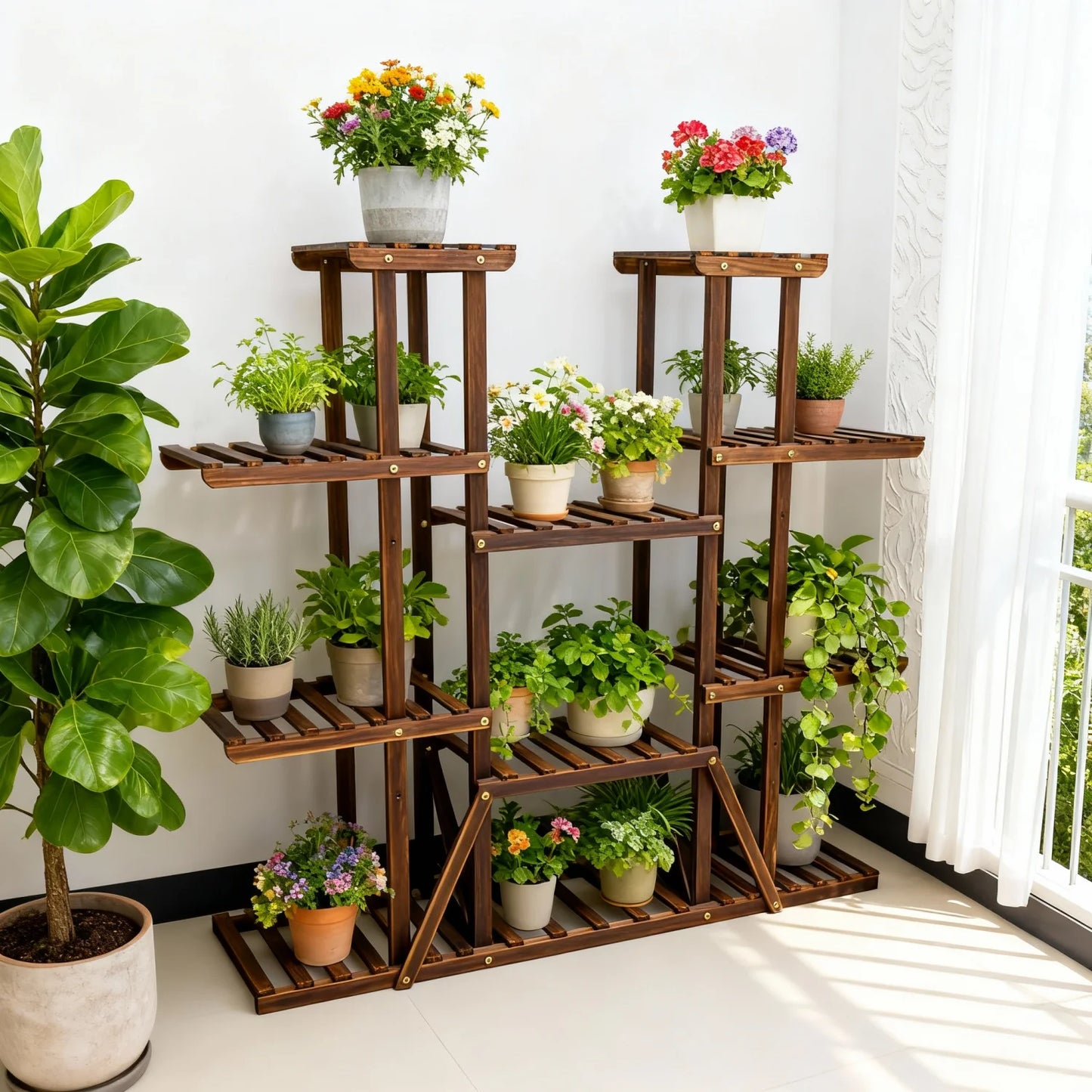 11-Tier Carbonized Wood Plant Stand For Indoor Outdoor Use