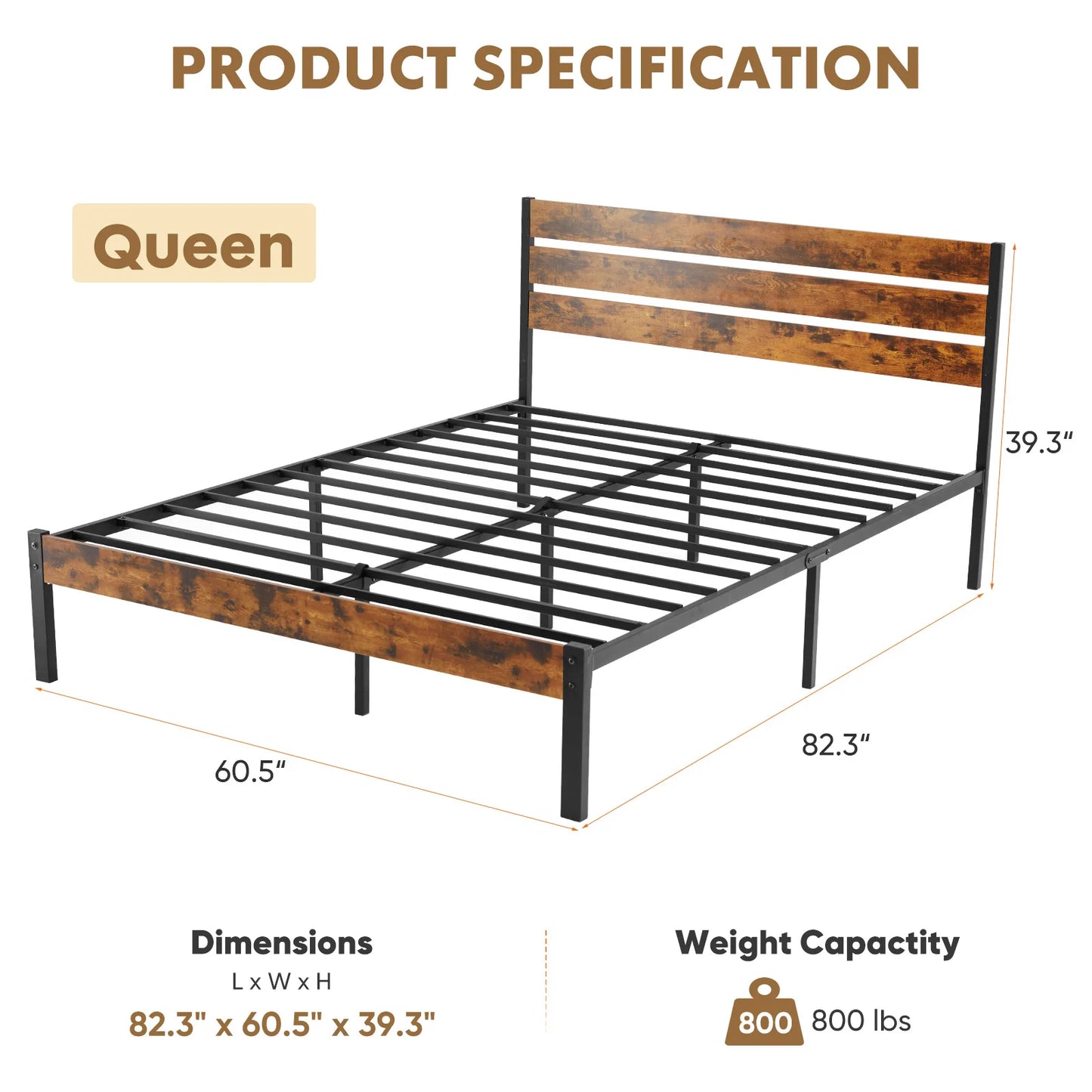 MCQ Wooden Headboard and Metal Platform Frame with Sturdy Slats
