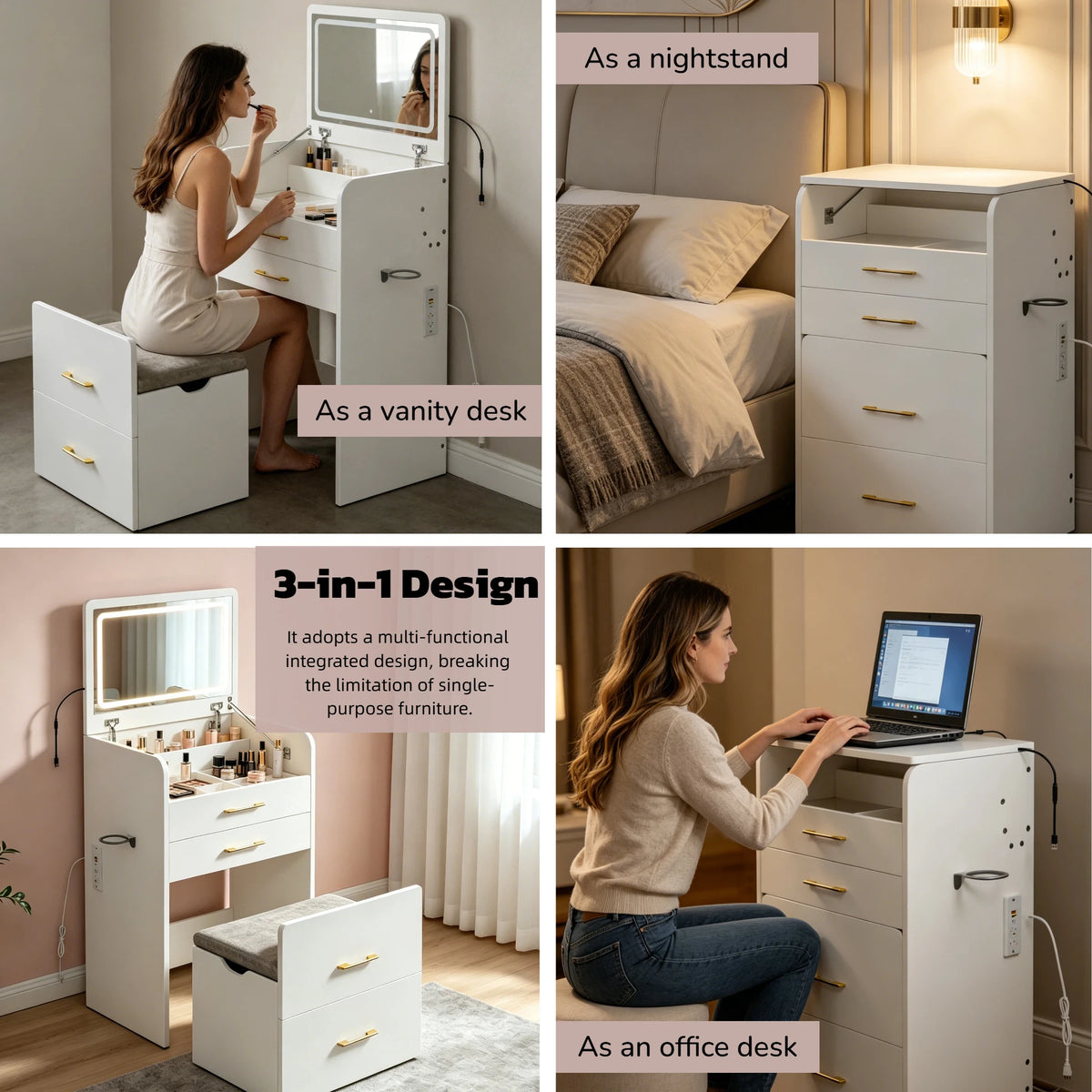Wooden Vanity Desk LED Mirror Charging Station Flip Up Dressing Table