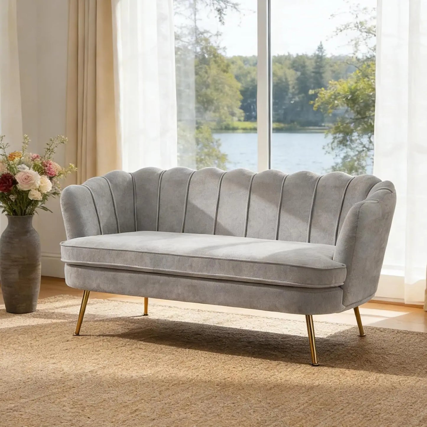 Sherpa Boucle Two Seater Sofa With Gold Metal Legs