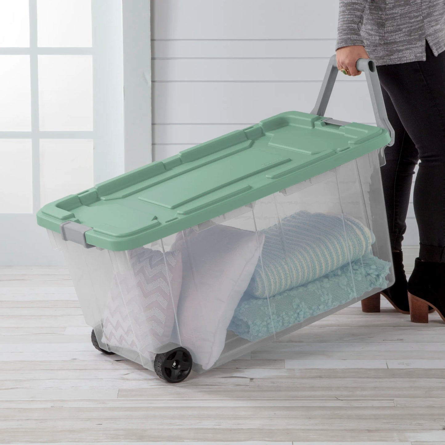 Rugged Wheeled Storage Bin With Latching Lid And Pull Handle
