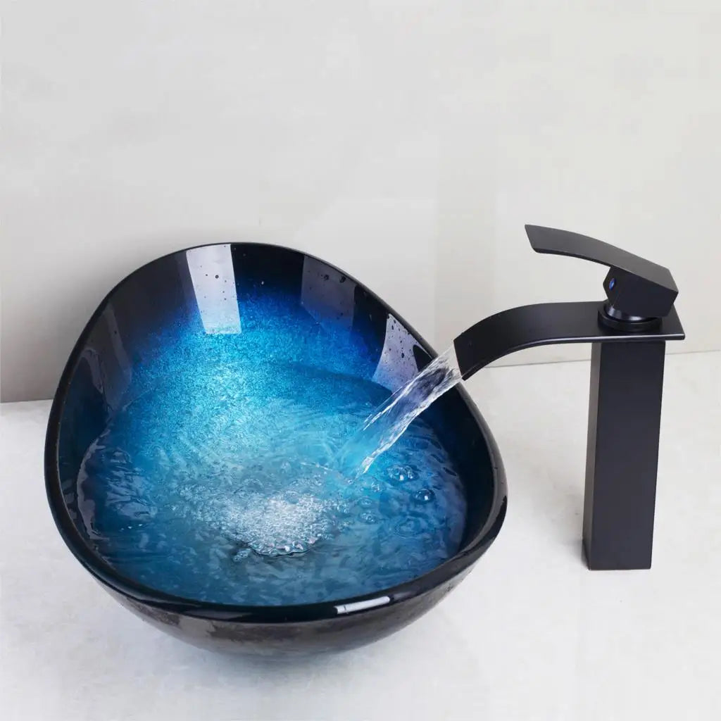 JIENI Tempered Glass Waterfall Basin and Brass Faucet Set