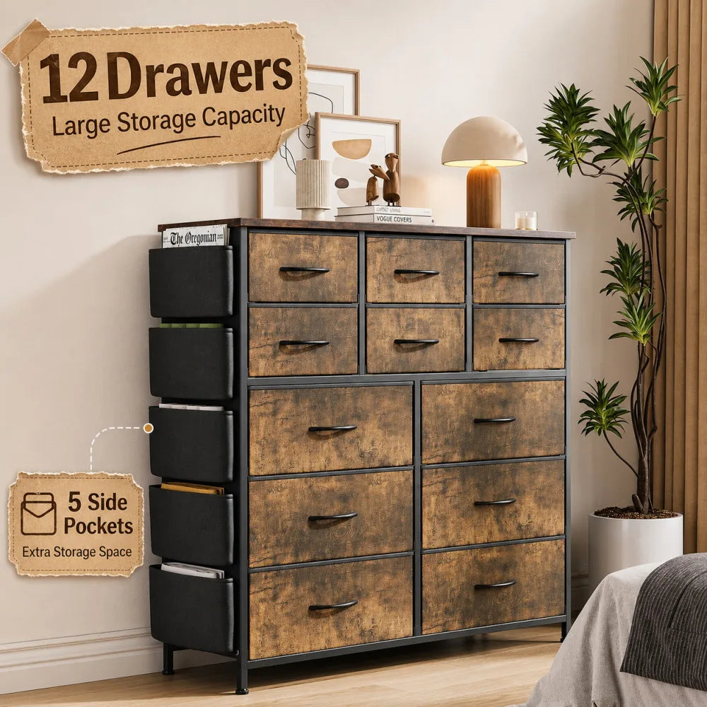 12 Drawer Fabric Dresser Wooden Top Steel Frame Storage Organizer