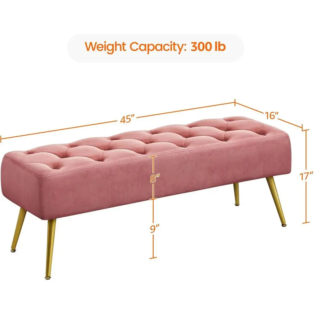 Velvet Upholstered Ottoman Bench With Tapered Gold Metal Legs