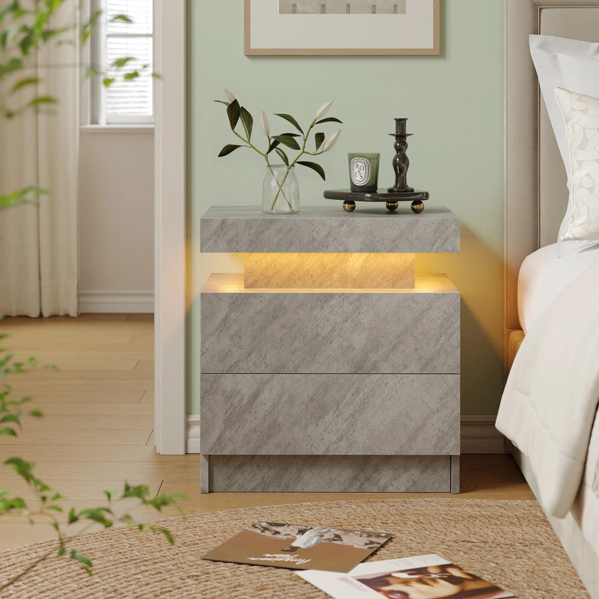 Cubehom Wooden Led Nightstand With Two Drawers And Rgb Lights
