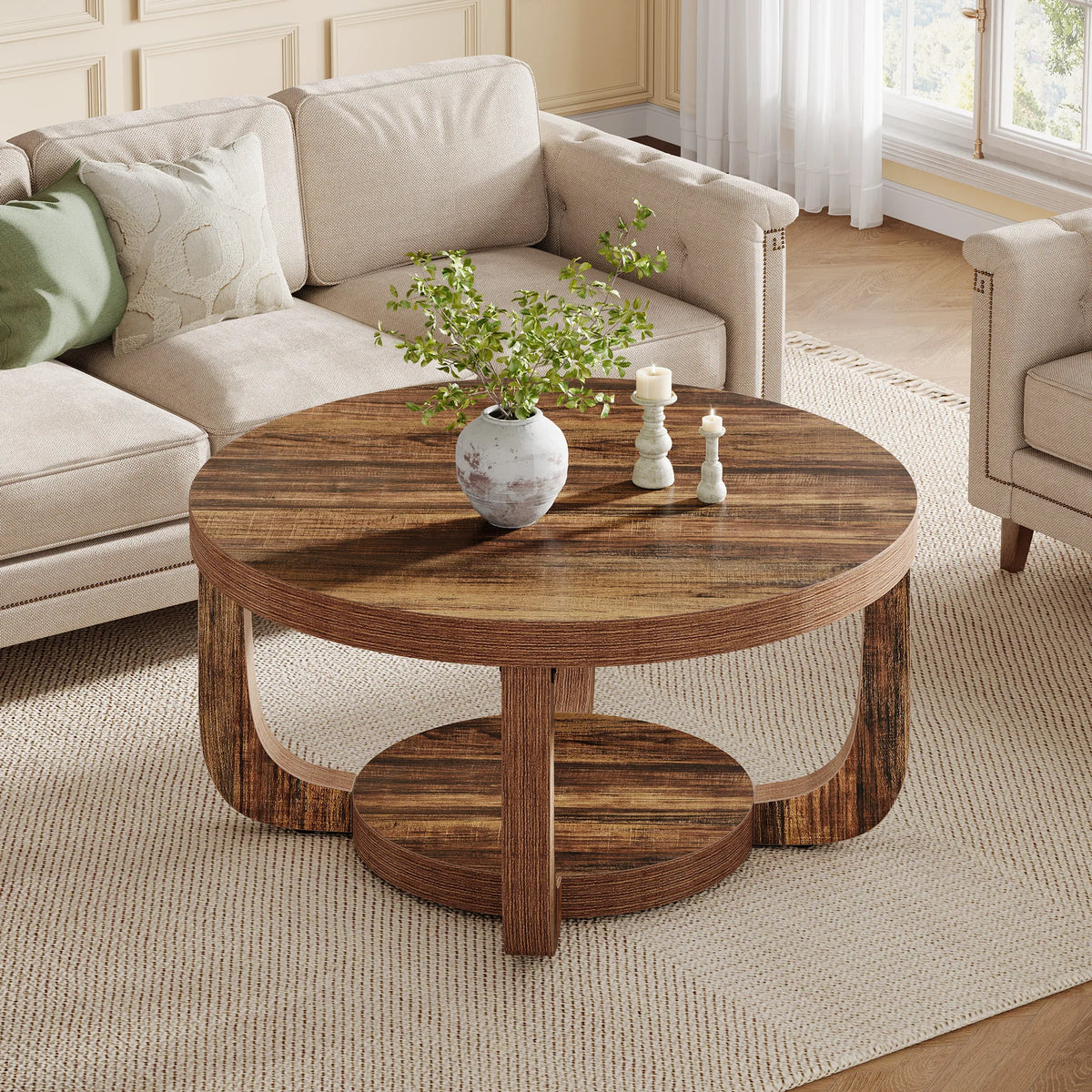 Tribesigns Round Two Tier Coffee Table With Wooden Storage