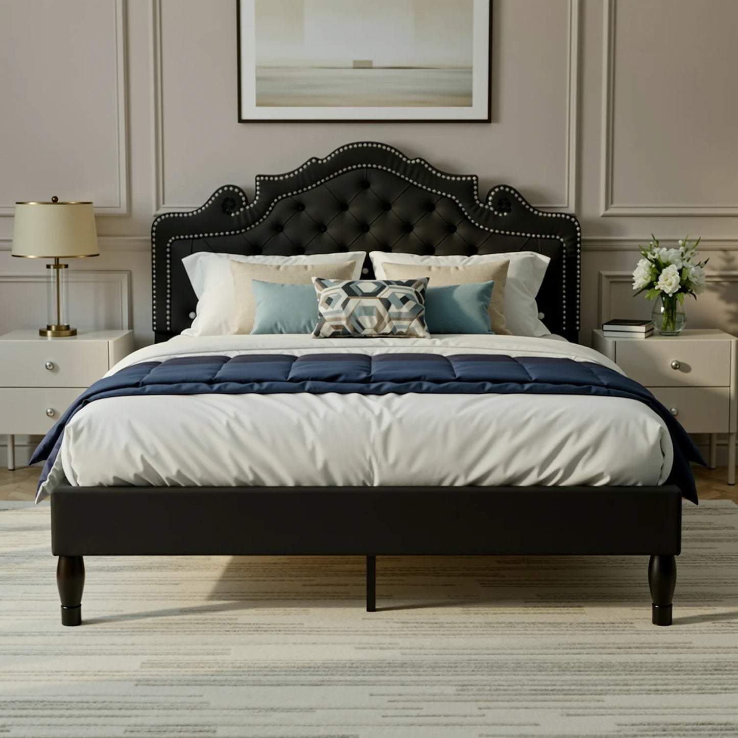 HOOMIC Velvet Bed Frame With Adjustable Tiara Headboard And Diamond Tufted