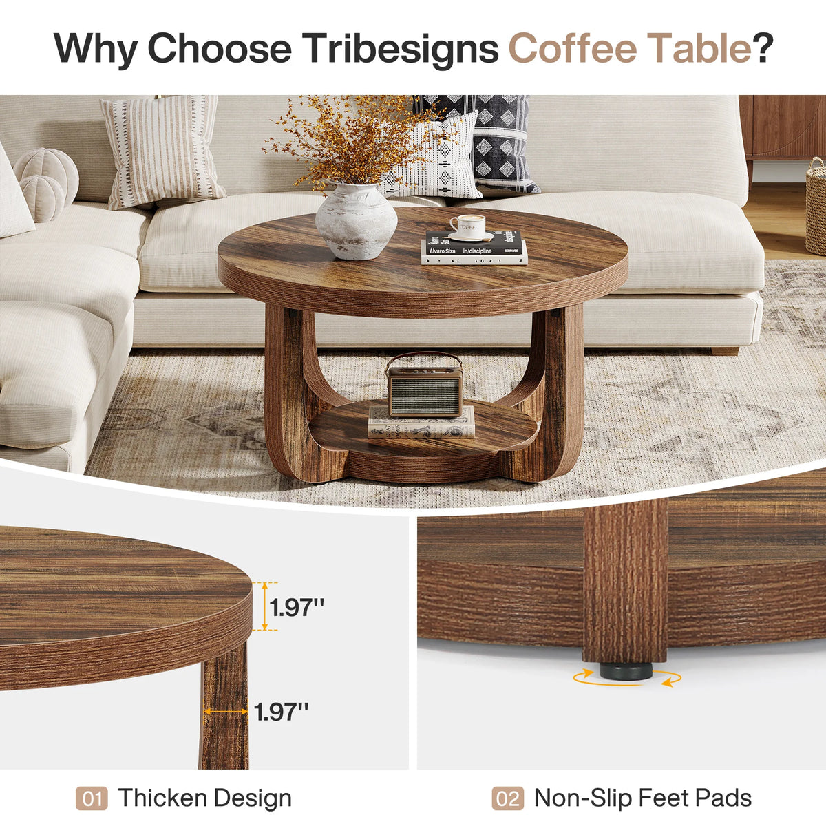 Tribesigns Modern Round Coffee Table With Two Tier Wood Storage