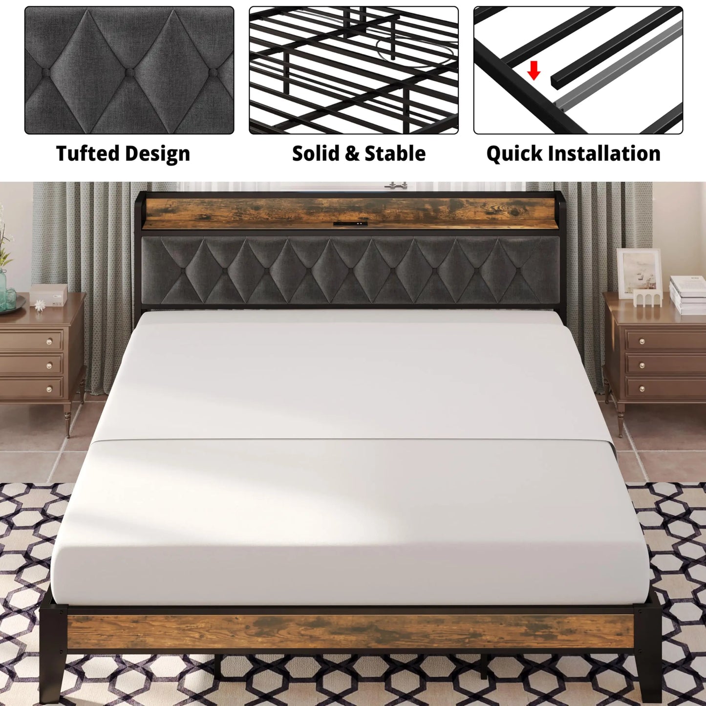Anctor Storage Headboard Bed Frame With Outlets Quiet Performance