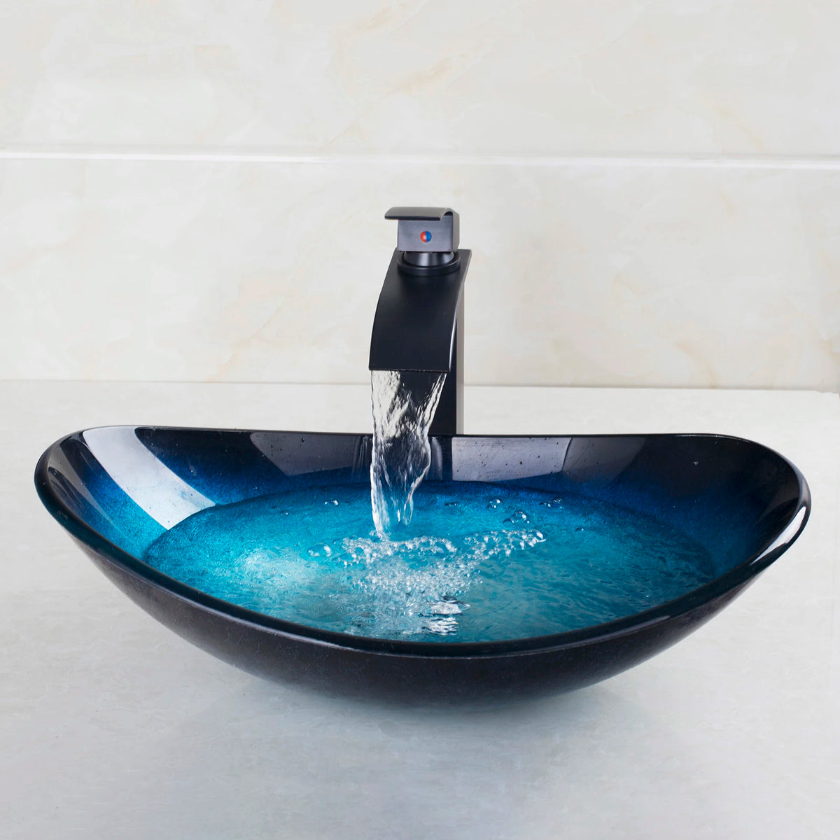 JIENI Tempered Glass Waterfall Basin and Brass Faucet Set
