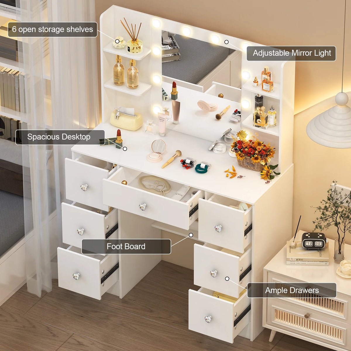 OnesaiMei Wooden Vanity Table With LED Mirror And Seven Drawers