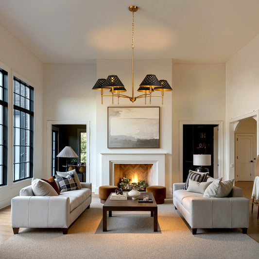 6-Light Chandelier With Matte Lampshade Over Table
