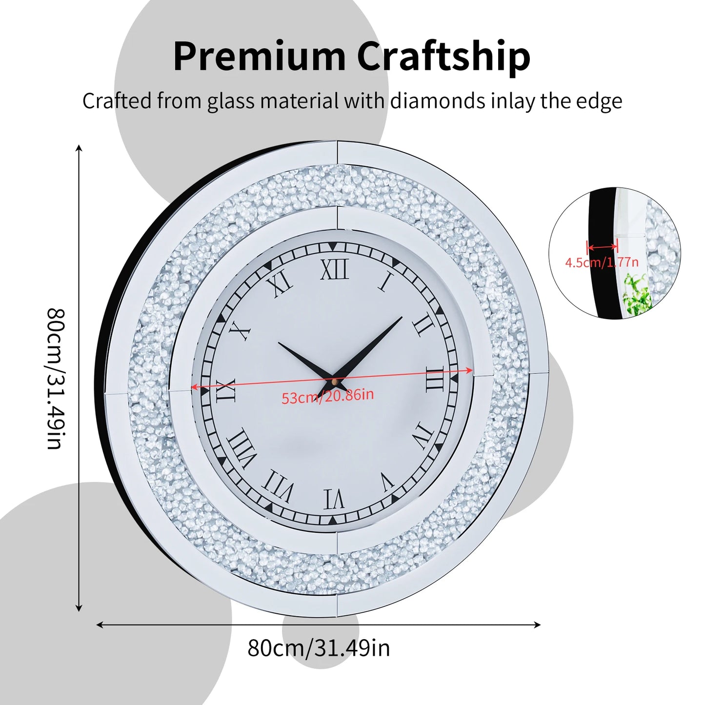 Round Mirror Clock With Crystal Sparkle Wall Decoration