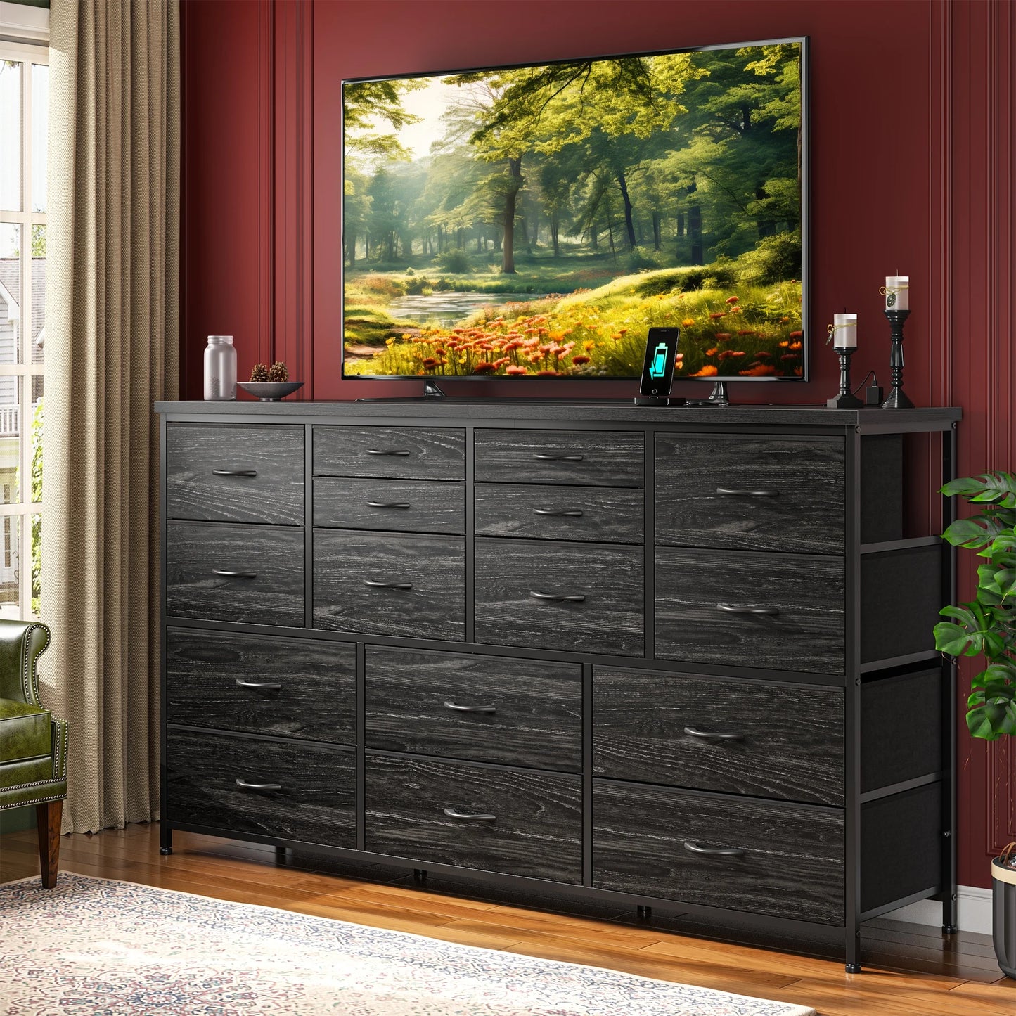 16-Drawer Fabric Dresser With Charging Station And TV Stand