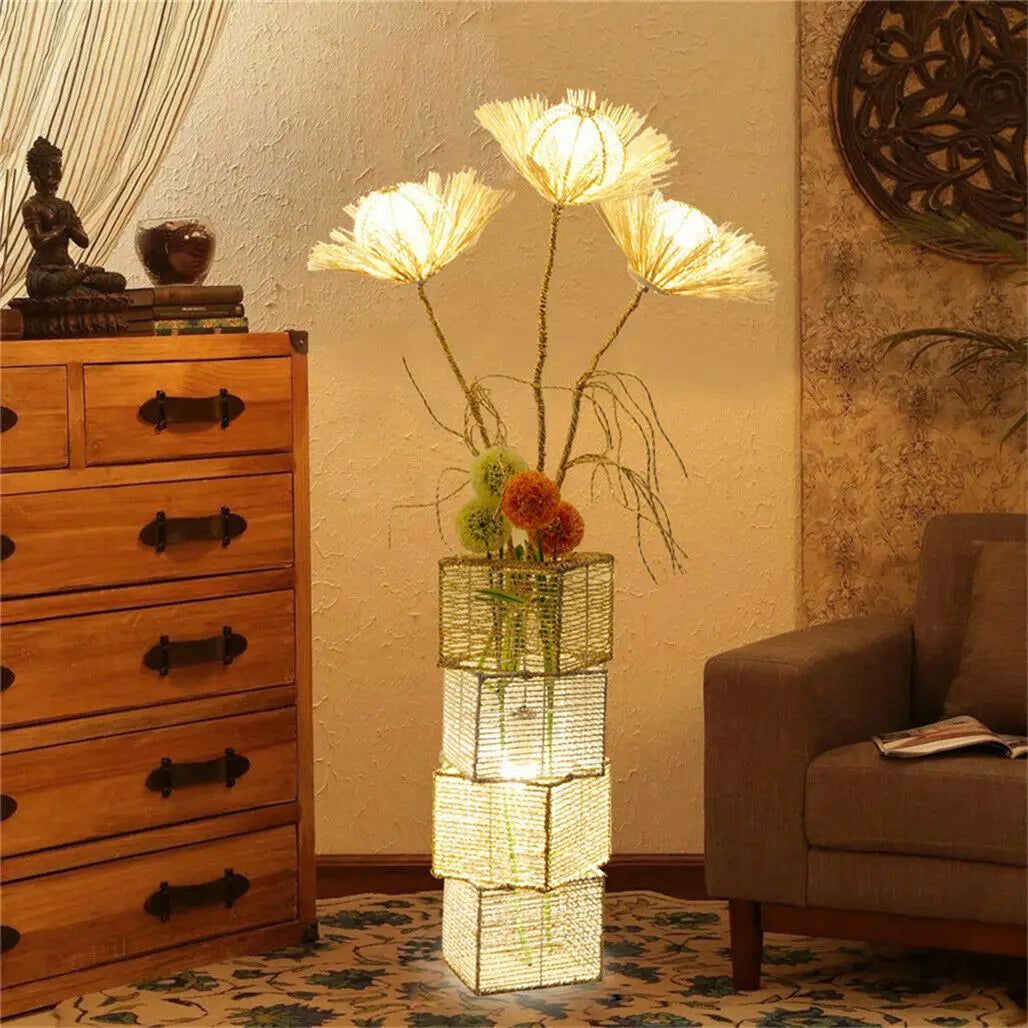 Modern Rattan Floor Lamp Dimmable LED Night Light Living Room