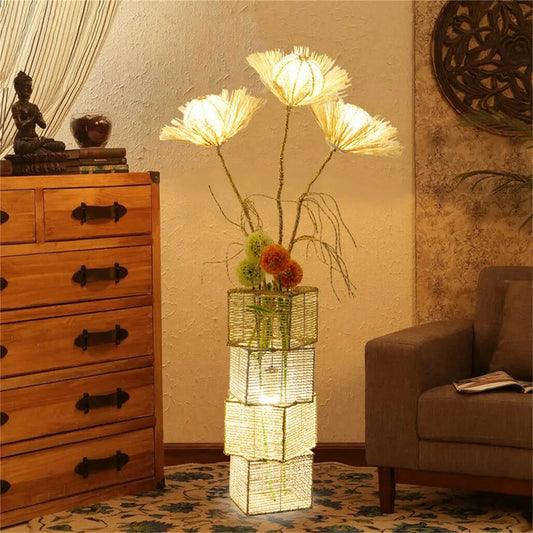 Modern Rattan Floor Lamp Dimmable LED Night Light Living Room