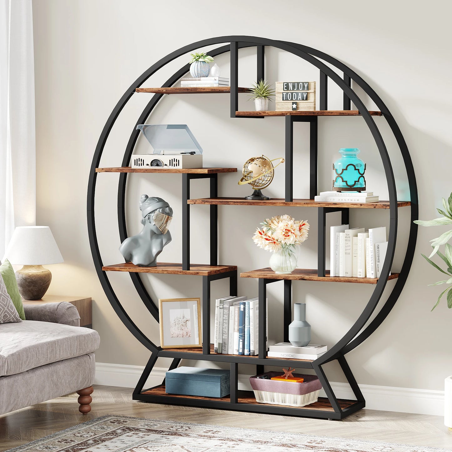 Tribesigns Round Industrial Wood Etagere Bookshelf Five Tier