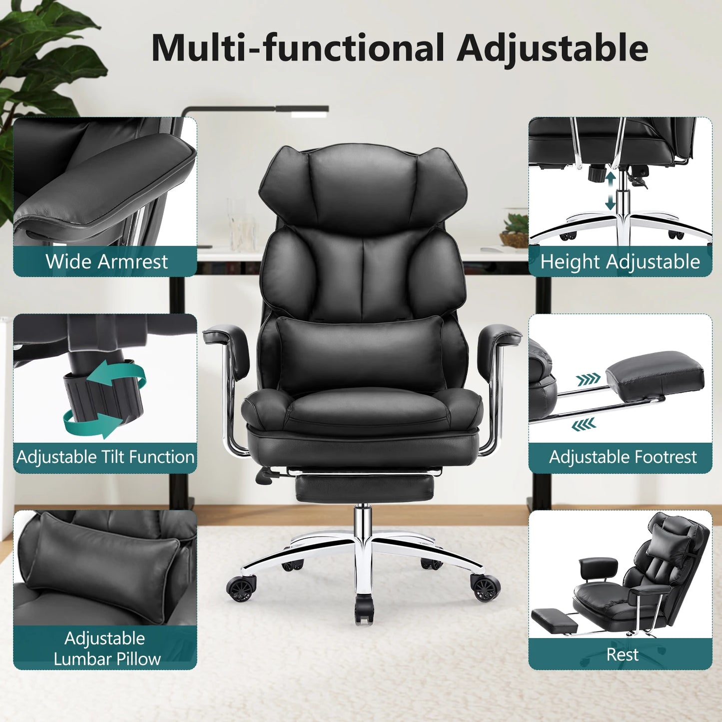 JHK PU Leather Ergonomic Office Chair With Footrest Lumbar Support