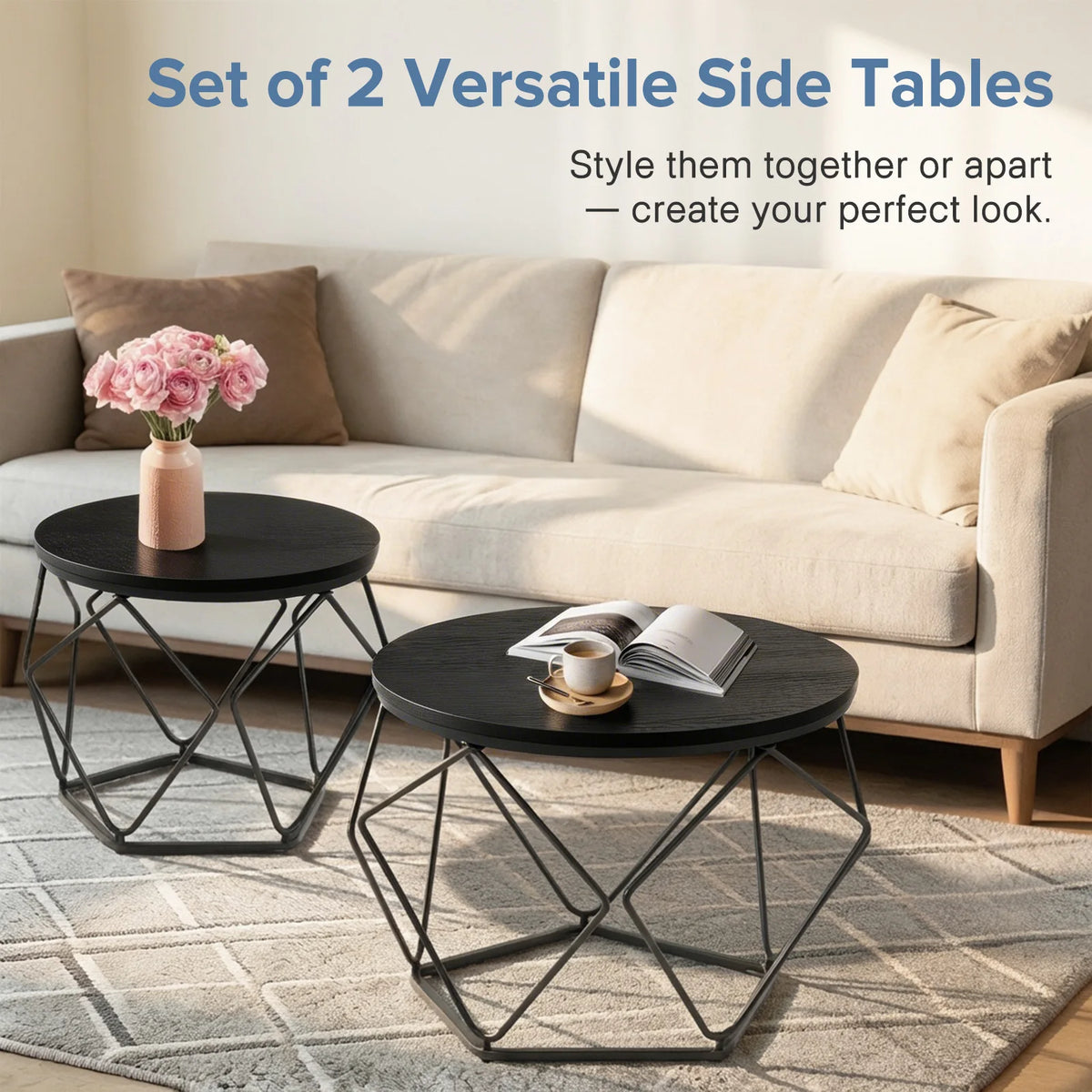 JHK Round Geometric Metal Coffee Table Set With Nesting Tables