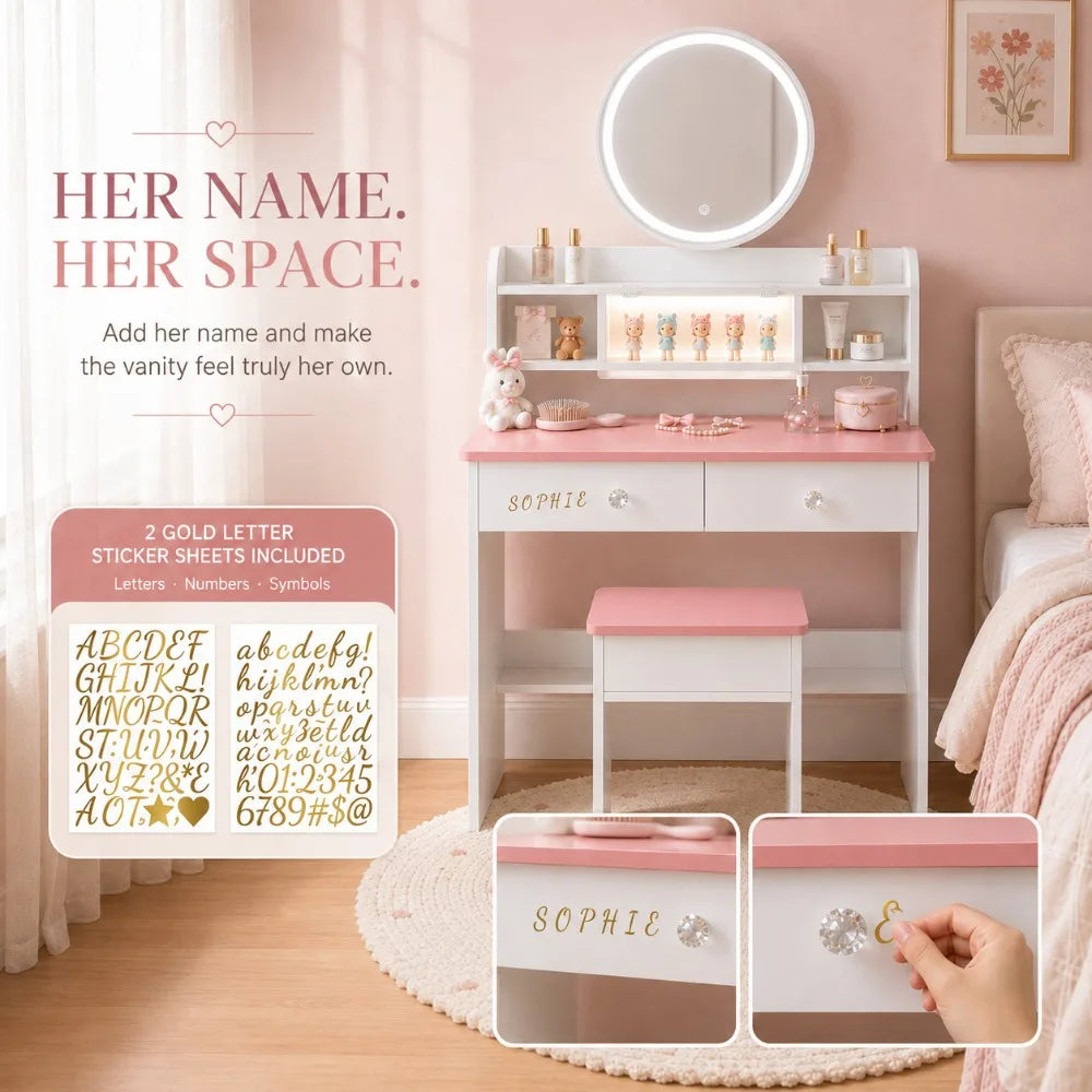 Wooden LED Vanity Desk Set With Mirror And Storage Stool