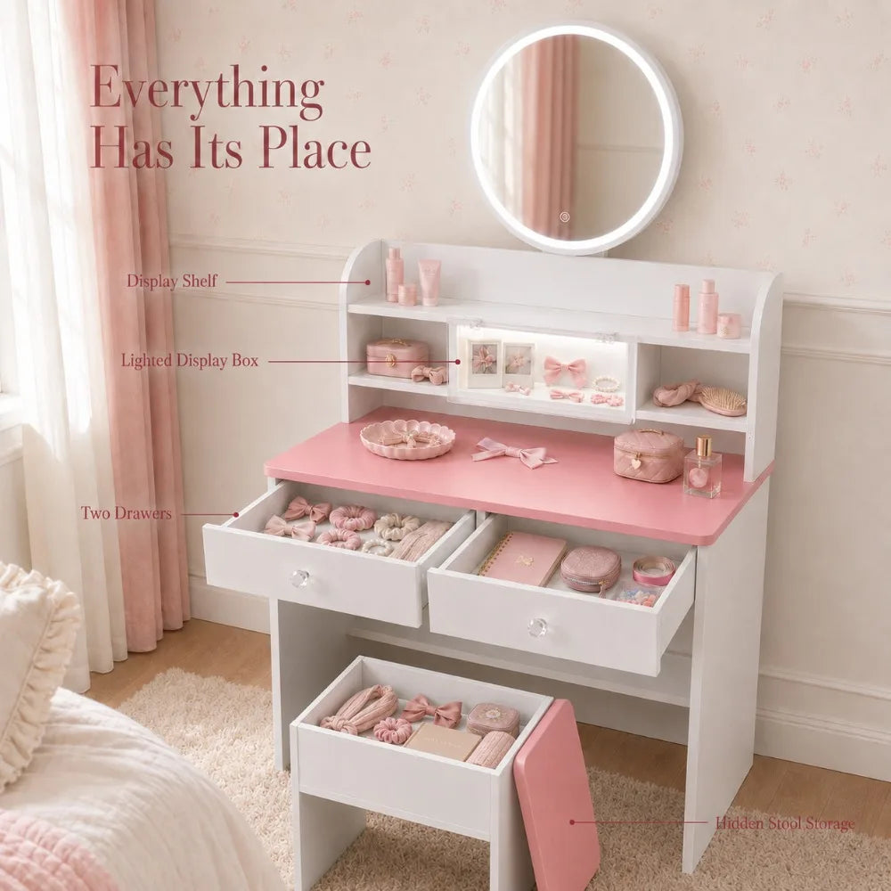 Wooden LED Vanity Desk Set With Mirror And Storage Stool